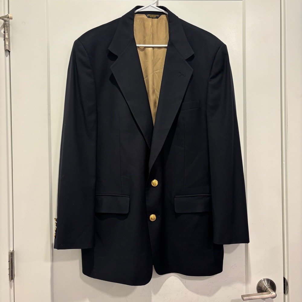 Mark Shale Mens Navy Blue 100% Pure Wool Two Button Blazer Gold Crest Buttons US
